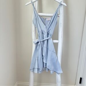 Rumor Light Blue Belted Flared Ruffle Bottom Mini Dress SZ Small